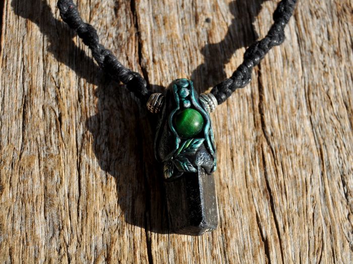 Black Tourmaline with green Tiger's Eye Protection Pendant Clay