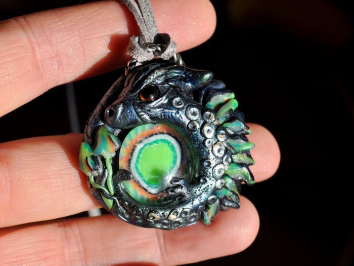 UV Psy Creature with Glass Handsculpted Clay Pendant 