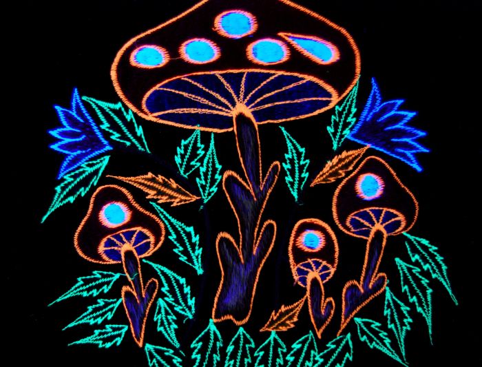 Psy UV Active T-SHIRT Unisex Embroidered Mushrooms 
