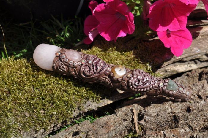 Rose Quartz Wand Crystal Handsculpted Clay with Citrine and green Aventurine