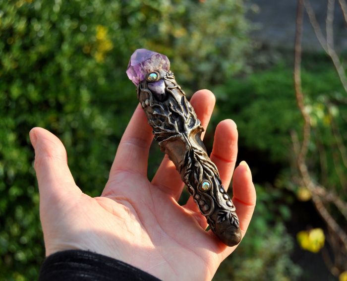 Amethyst Crystal Wand with Tree of Life, Handsculpted Clay