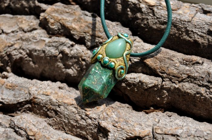 Orgonite Crystal Pendant  Necklace, Handsculpted Clay Gemstone with green Aventurine