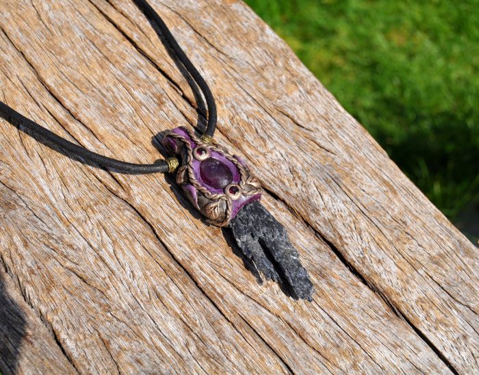 Raw Black Kyanite with Amethyst Pendant Necklace,  Unisex