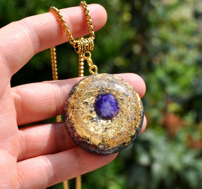 Blue SAPPHIRE Orgonite® Pendant Necklace with 24K Gold, Large - Unisex 