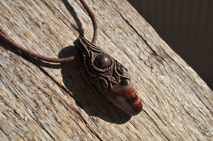 Red Tiger's Eye Clay Pendant Handsculpted Necklace