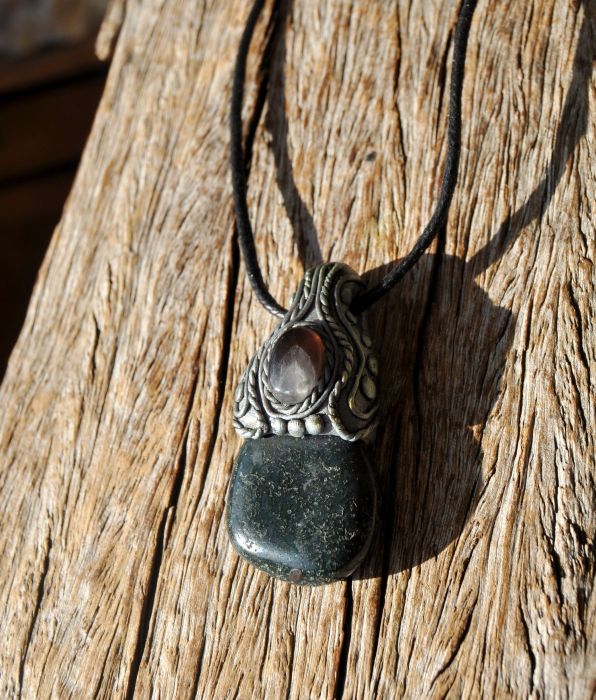 Moss Agate Pendant with Amethyst Handsculpted Clay Gemstone - Unisex 