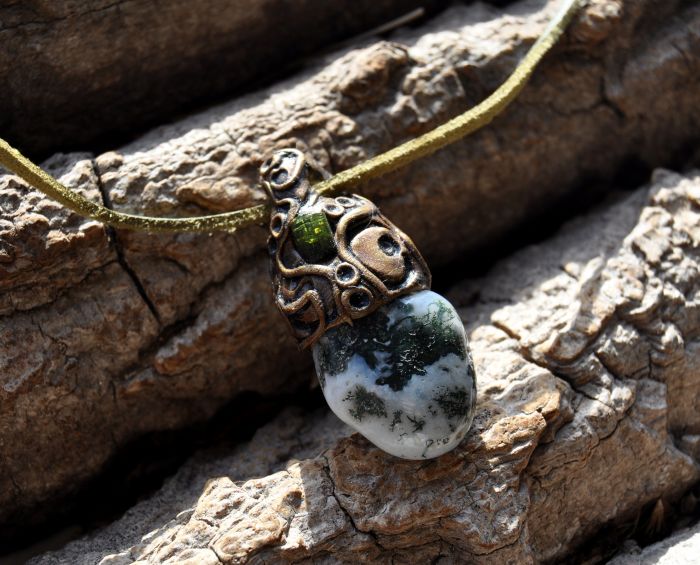 Moss Agate with green Tourmaline Necklace, Natural, Organic Woodland, Handsculpted Clay, Unisex