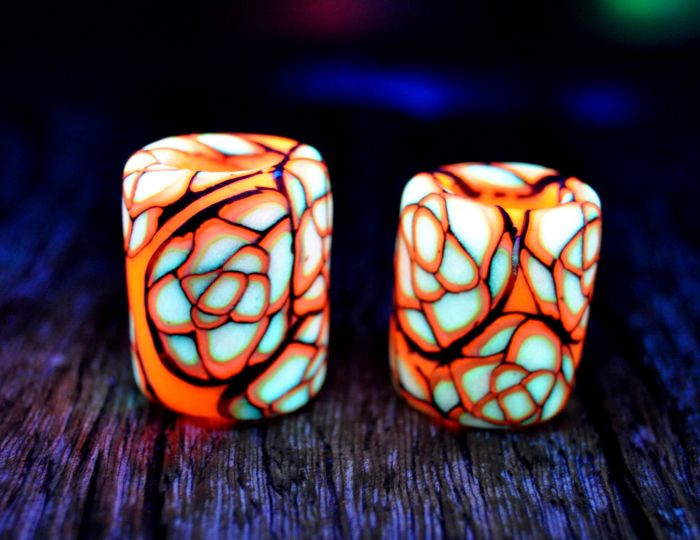 UV Dreadbeads Blacklight Clay - Lot of Two Medium Beads -  11 - mm hole - Orange with Glow in Dark
